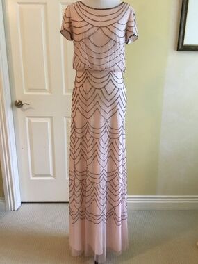 Adrianna Papell Blush Pink Beaded Mesh Evening Gown